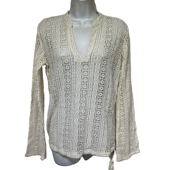 lucky brand boho open crochet knit long sleeve pullover blouse Size S - Picture 1 of 5